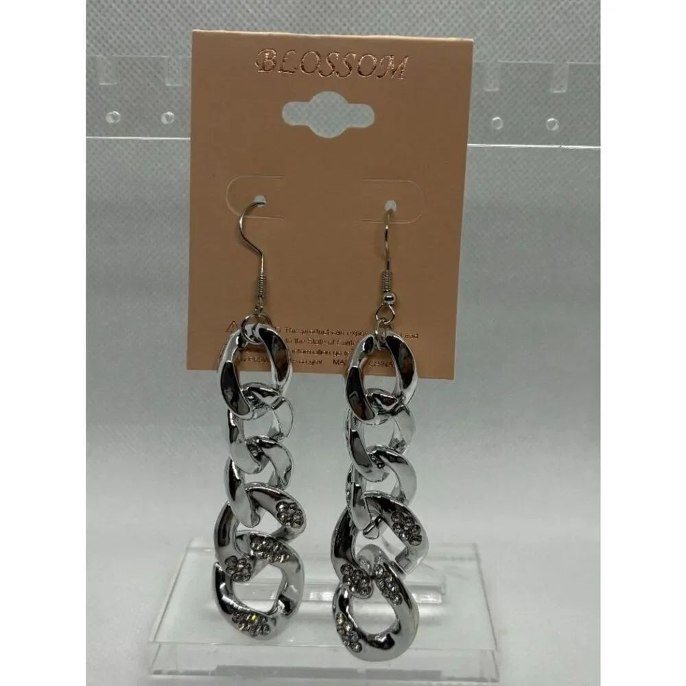 3For$20 Silver Chain Link Drop Earrings Rhinestone Statement Dangle Earrings